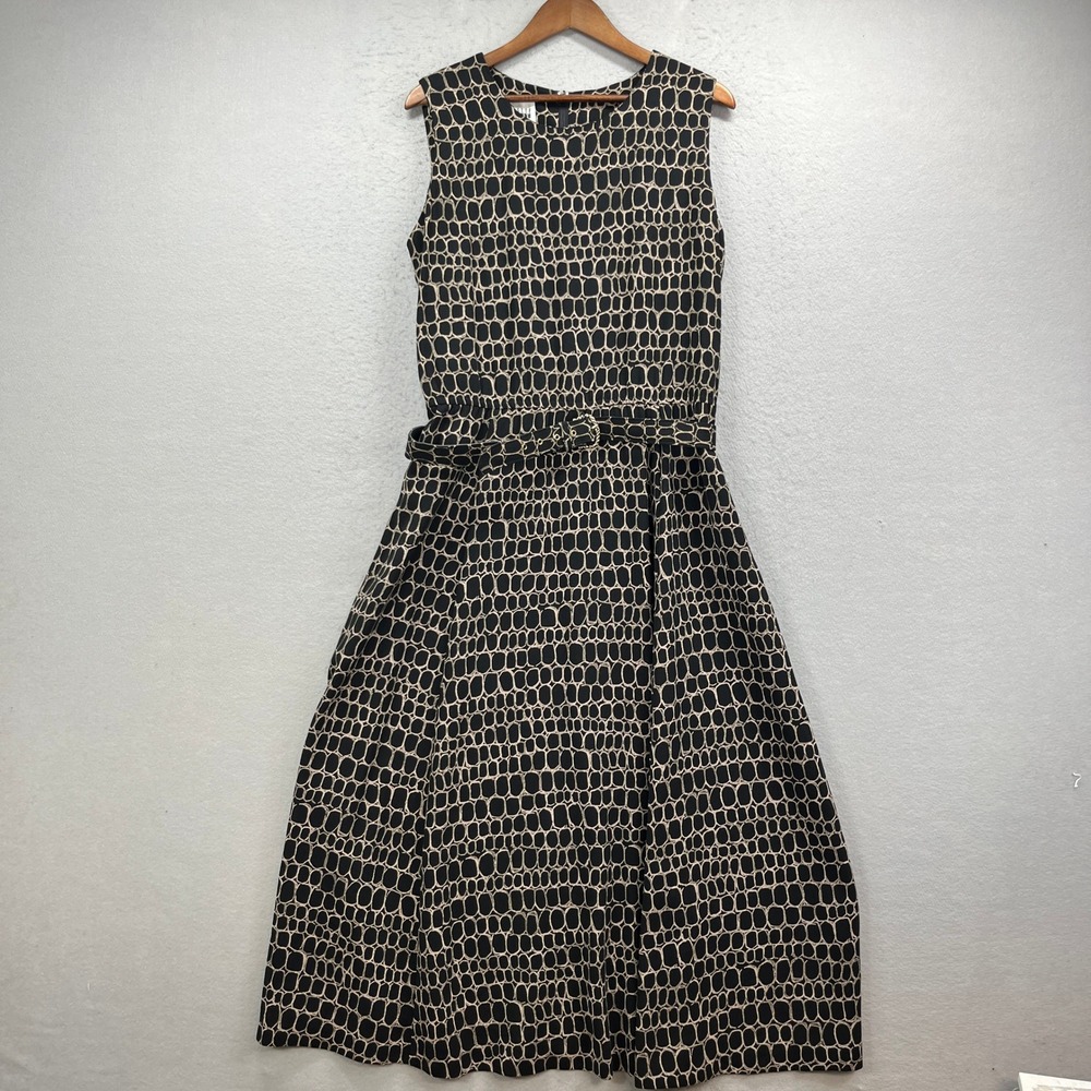 Leslie Fay Midi Dress Womens 16 Black Geometric Belted Sleeveless Mod Career